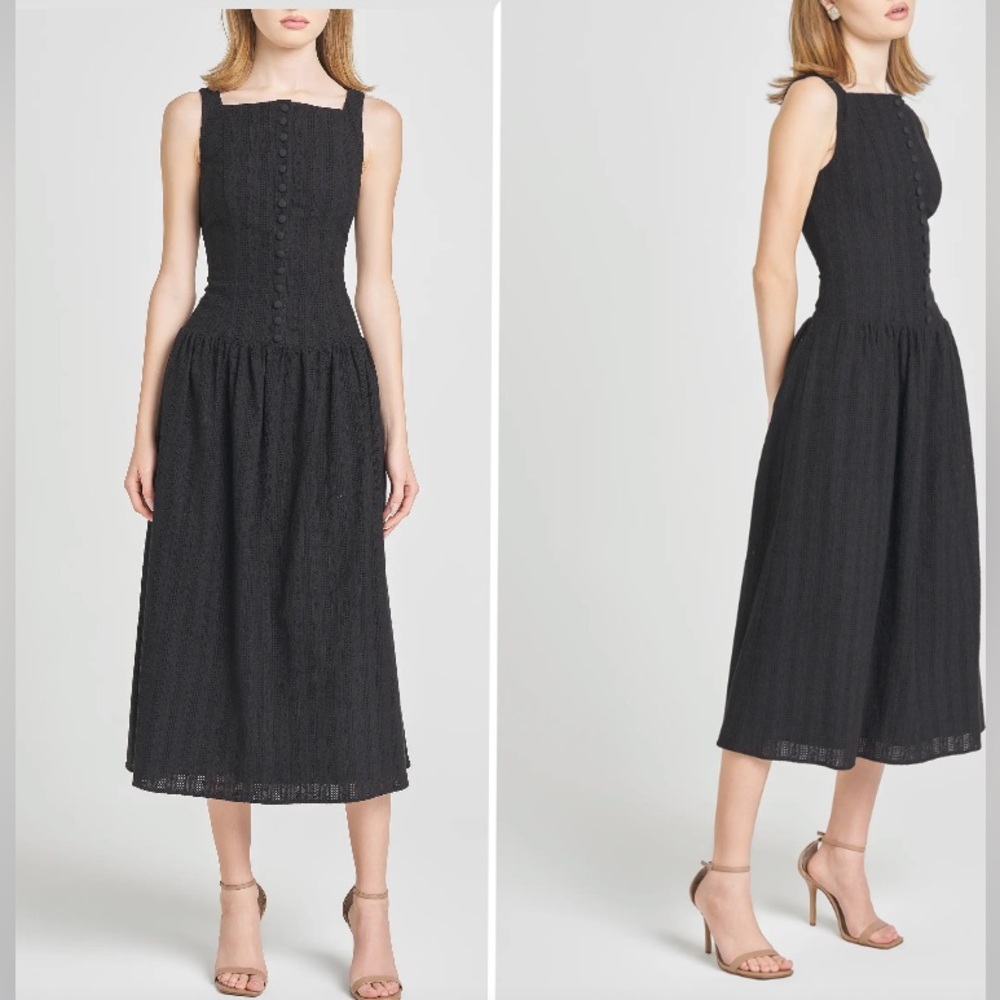 WAYF Eve Eyelet Embroidery A-Line Midi Dress in black Drop Waist Small